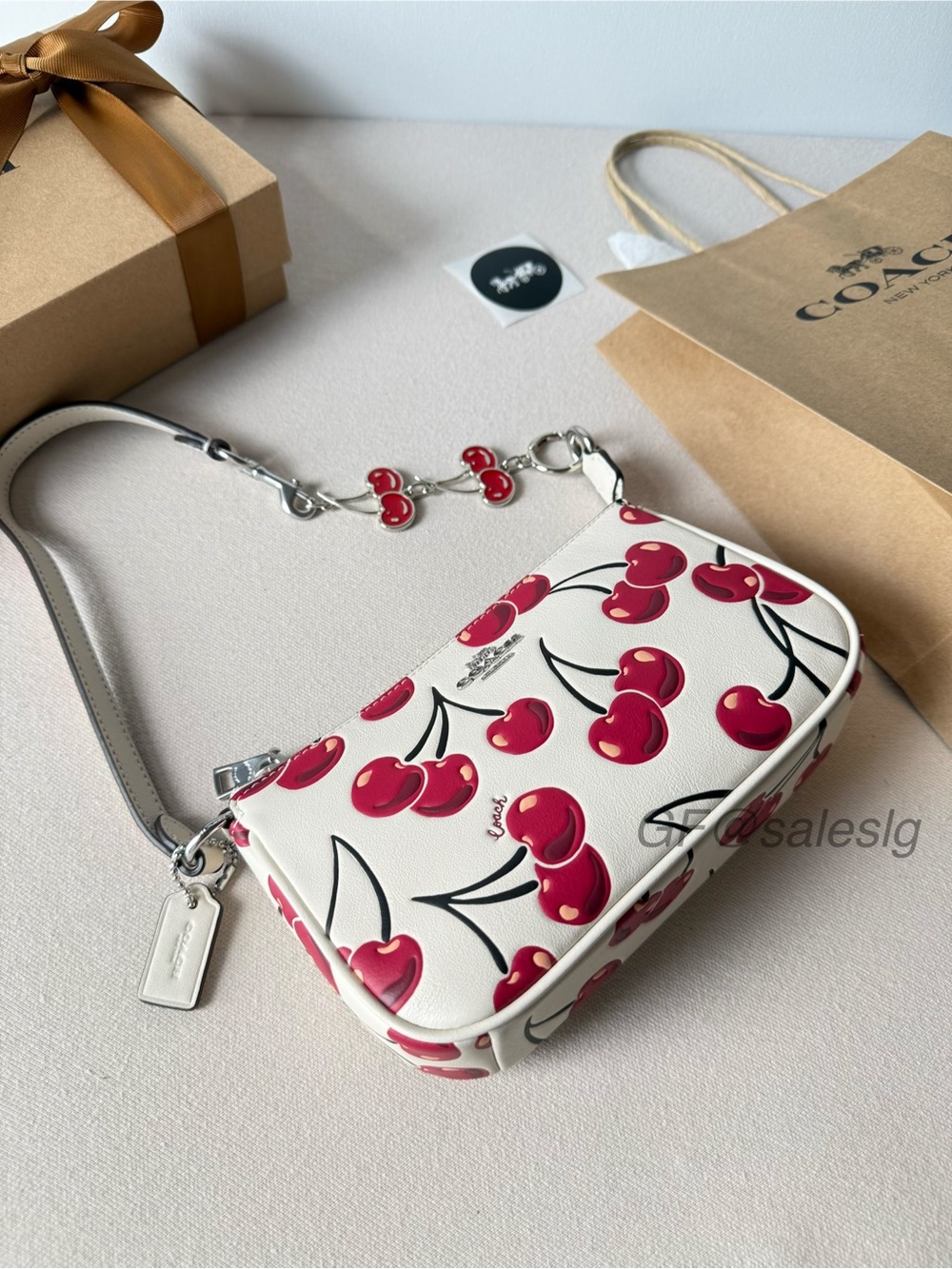 NWT Coach Nolita 19 Cherry Print Wristlet Small bag Gift Set + chain extender